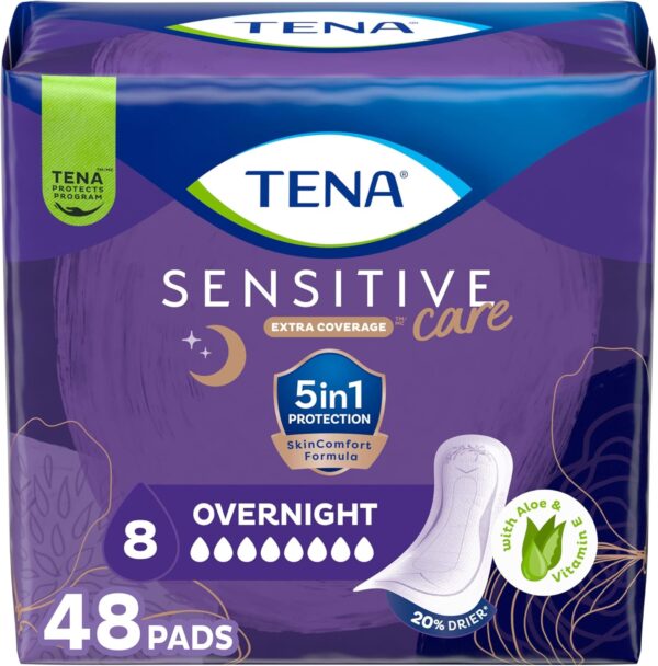 TENA Sensitive Care Overnight Pads, Extra Coverage, 48 Count