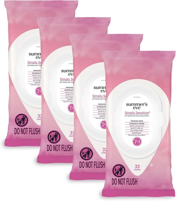 Summer's Eve Simply Sensitive Feminine Wipes, pH Balanced, 32 Ct (4 Pack)
