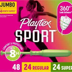 Playtex Sport Tampons Multipack, 48ct (Regular & Super), Fragrance-Free, 360° Leak Defense