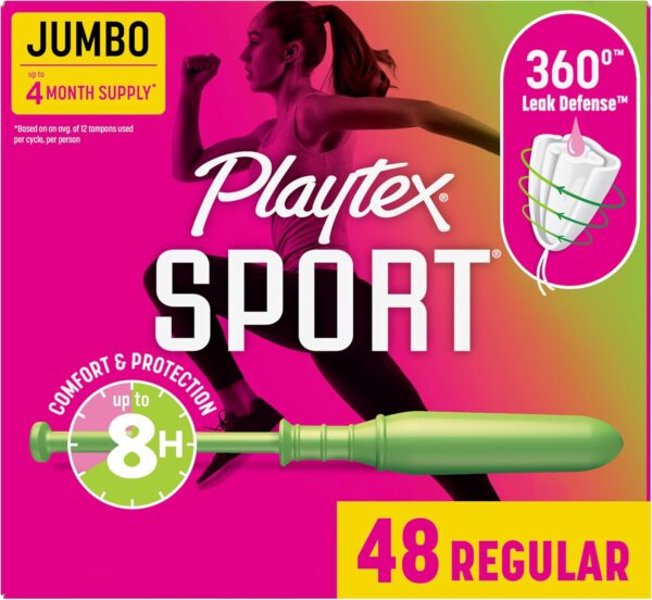 Playtex Sport Tampons Regular, Fragrance-Free, 48ct | 360° Leak Defense